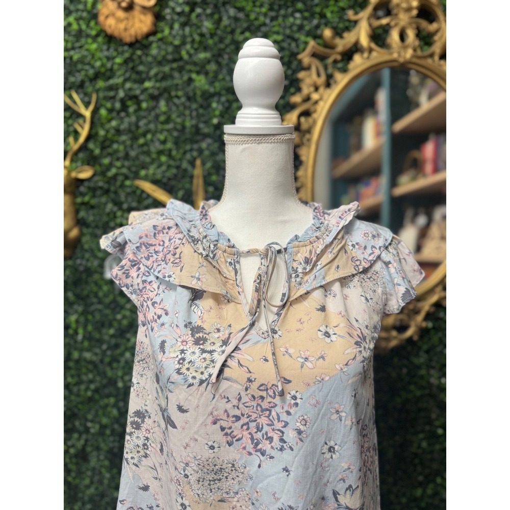 Doe & Rae Floral Patchwork Ruffle Flutter Sleeve Blouse S Blue Pink Excellent - Picture 2 of 8